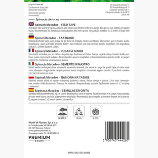 Spinat Matador - Saatband - Ohne Bitterstoffe, Perfekt Zum Einfrieren